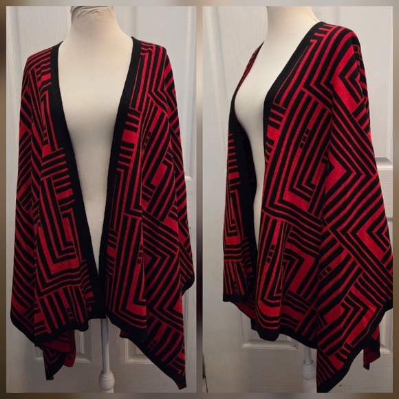 Karl Lagerfeld Paris Shawl Open Cardigan Poncho Winter Black Red Geometric Print - Picture 2 of 11